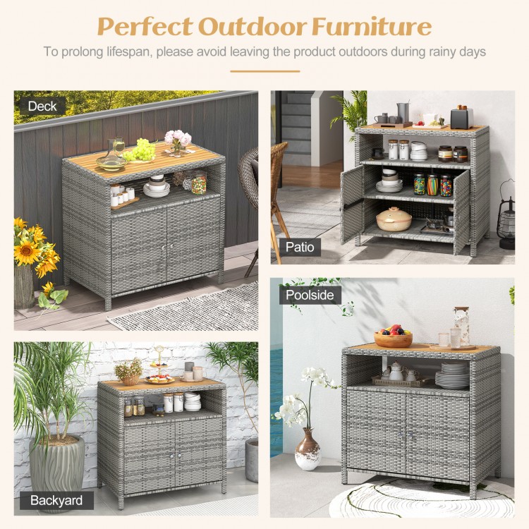 Rattan storage cabinet with acacia wood countertop, featuring a 2-door design for outdoor patio and poolside use.